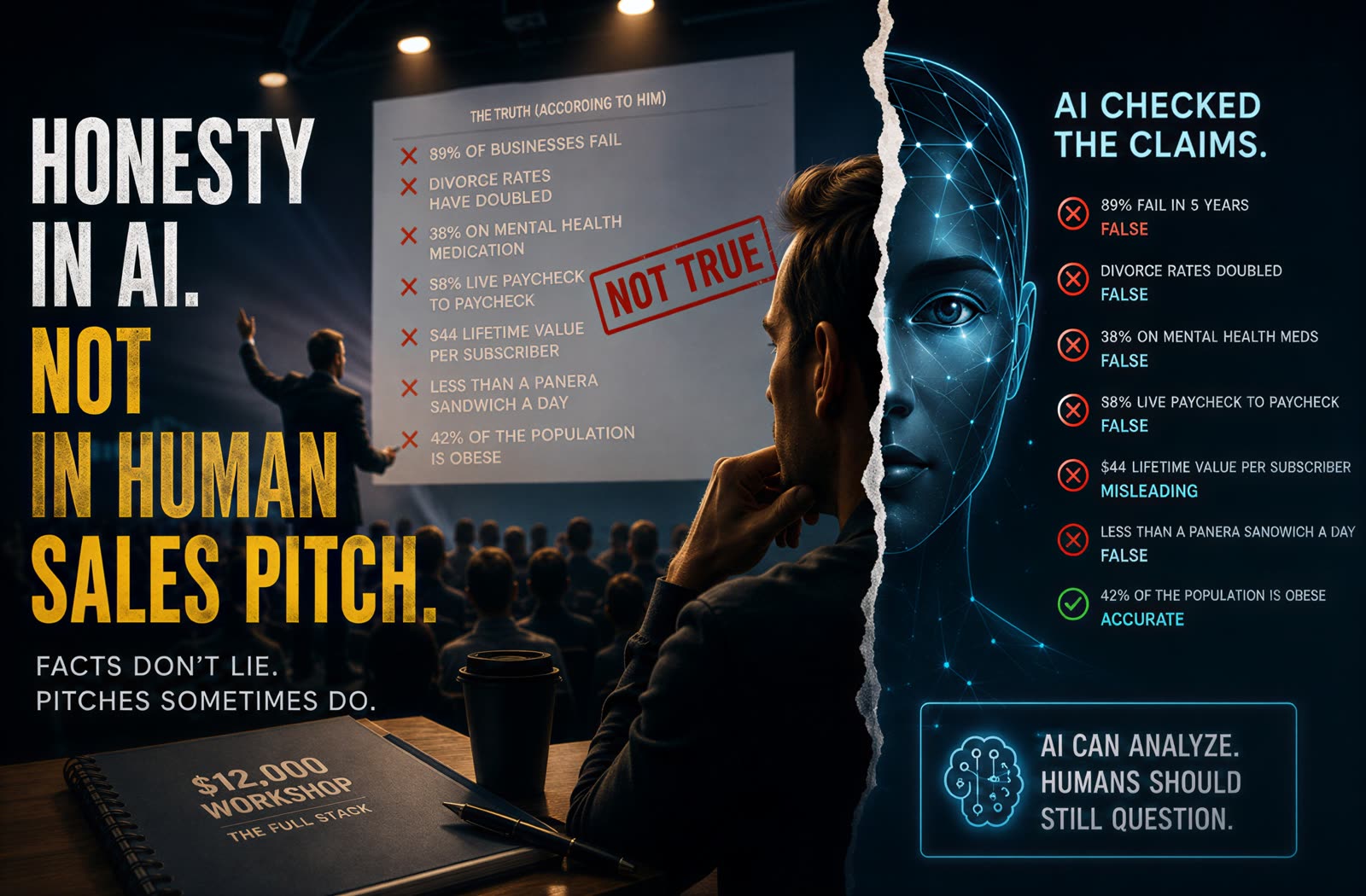 Split composition: a marketing presenter on stage beside a slide of claimed statistics stamped NOT TRUE, and an AI face alongside a verdict list marking six of seven claims false or misleading and one accurate.